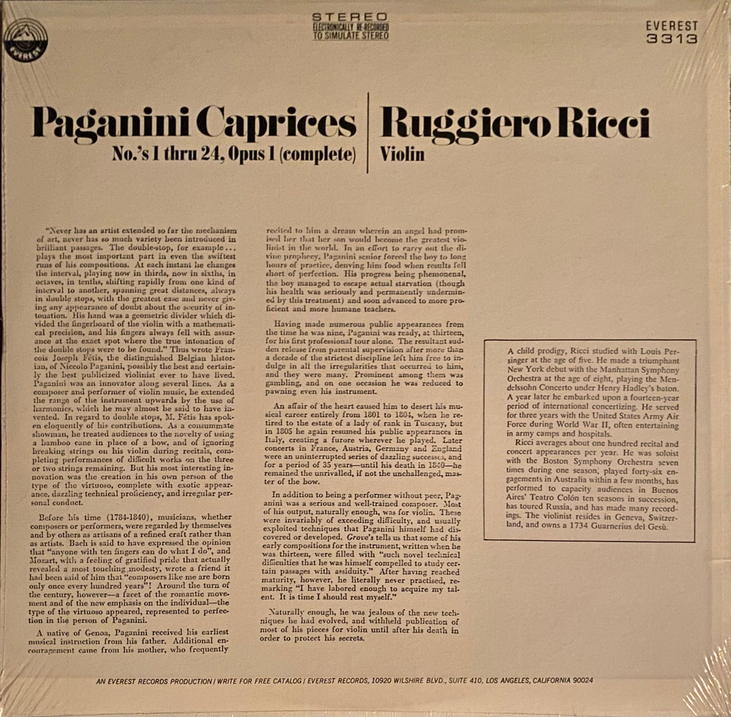 Niccolò Paganini, Ruggiero Ricci - Paganini Caprices No.'s 1 thru 24. Opus 1 (complete) [NOS]  (New Vinyl LP)