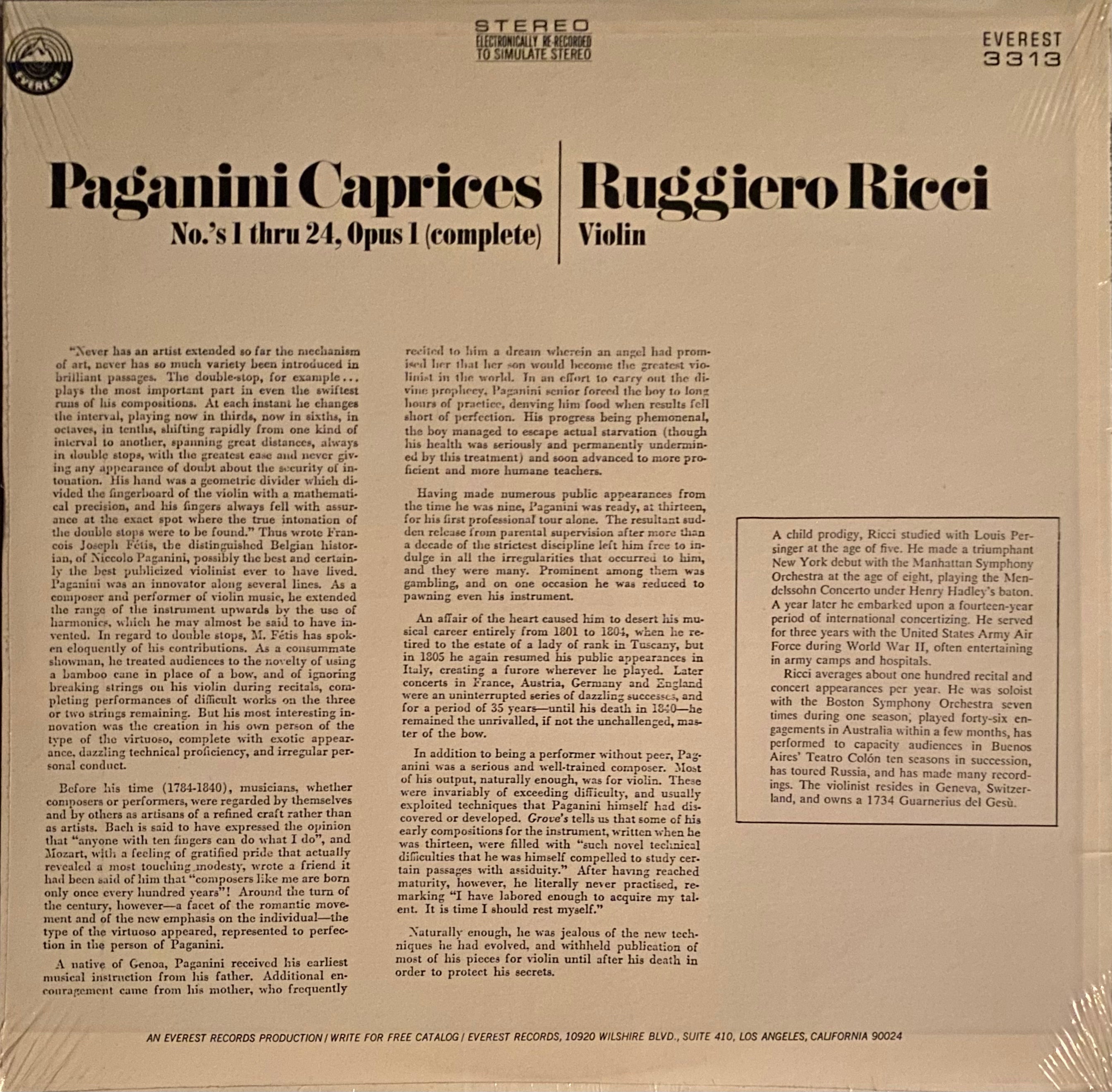 Niccolò Paganini, Ruggiero Ricci - Paganini Caprices No.'s 1 thru 24. Opus 1 (complete) [NOS]  (New Vinyl LP)