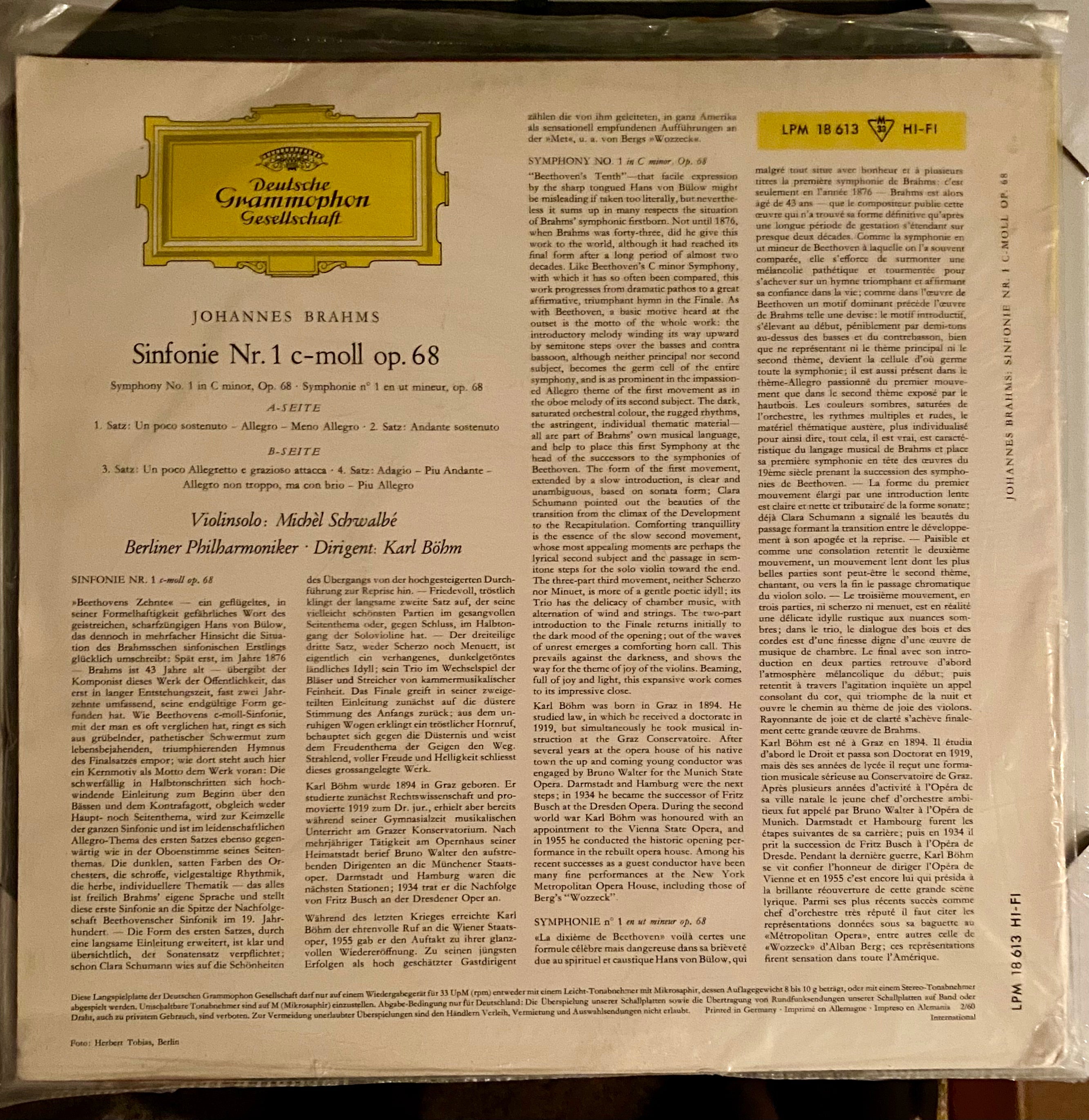 Johannes Brahms, Karl Böhm Conducting Berliner Philharmoniker - Symphony No. 1 In C Minor, Op. 68 [Promo] [NOS]  (New Vinyl LP)